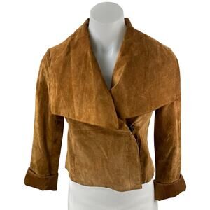 Women's Brown 100% Genuine Leather Long Sleeve Collared Crop Moto Coat Jacket S